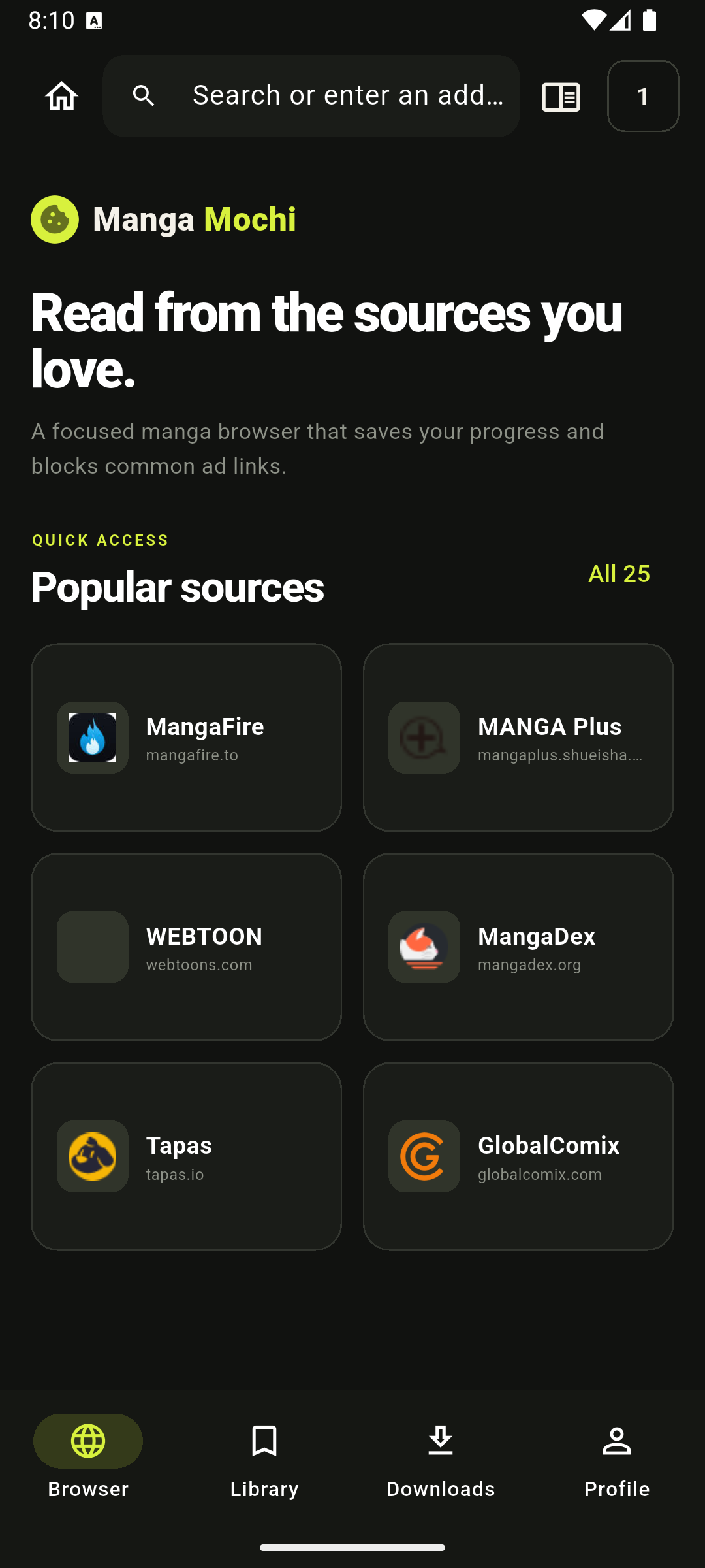 Manga Mochi home screen