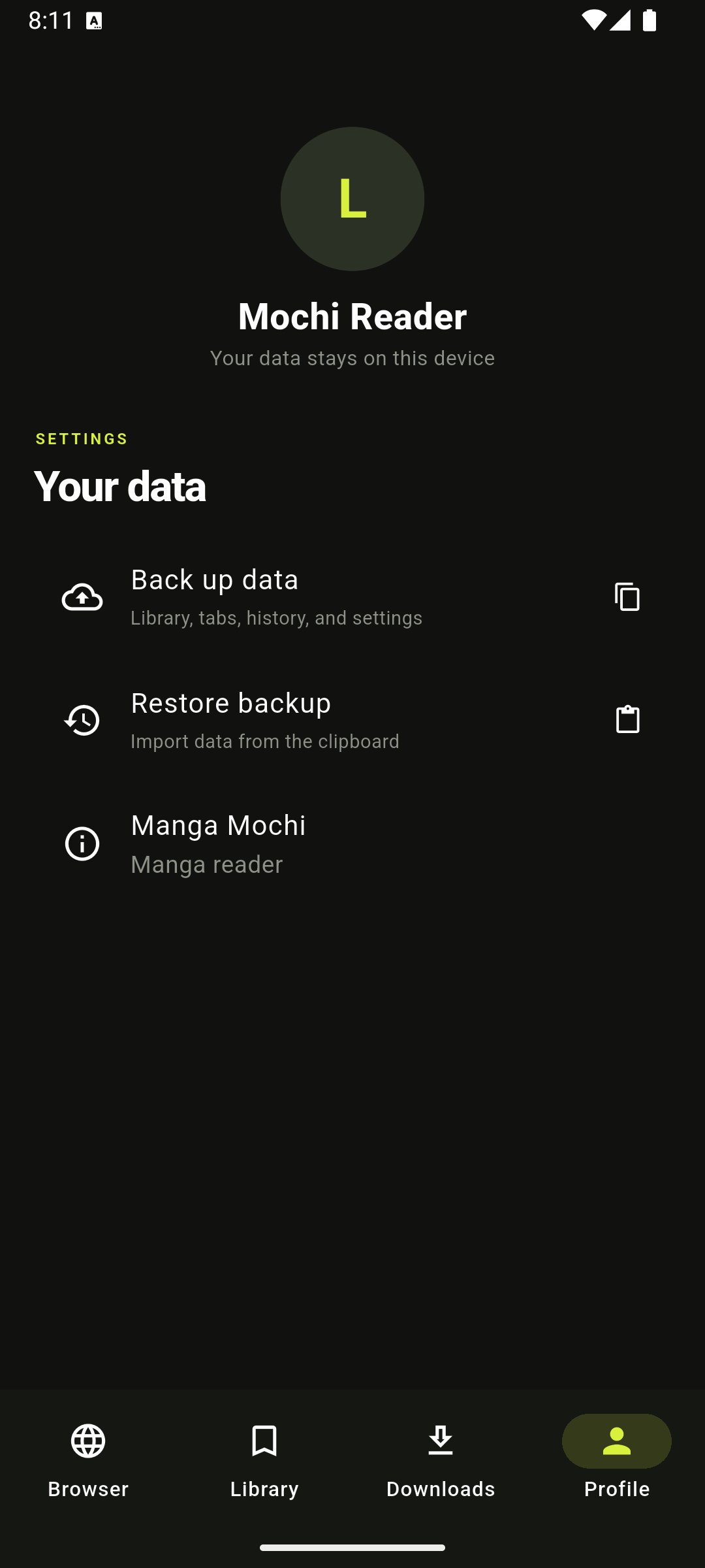 Manga Mochi profile and backup screen